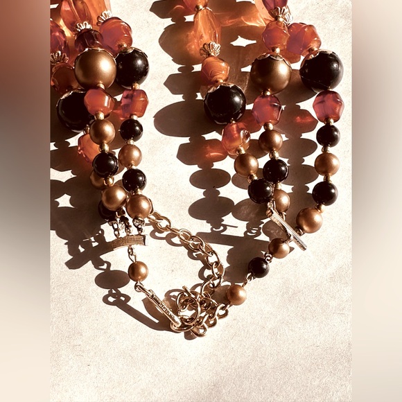 VTG Japan Glass Amber Black Fall Beaded Necklace bronze bead caps. - Picture 4 of 7